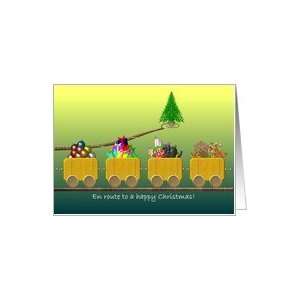  Christmas, Toy train carrying ornaments to the tree Card 