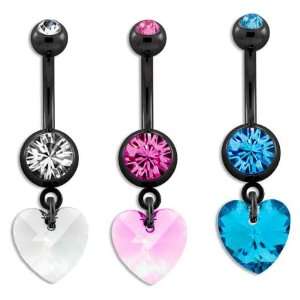 14G 3/8 Double Pink Crystal with Dangling Pink Crystal Heart Black 
