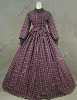 Civil War Victorian Cotton Blend Tartan Ball Gown Day Dress Cosplay 