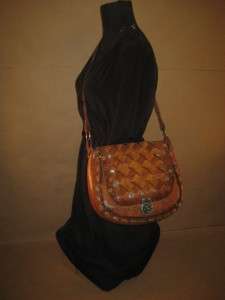 VINTAGE Sienna Tan Leather Tooled Handpainted Satchel Saddle Bag 