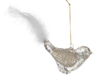 Set 12 Clear Silver Glass Glitter Feather Tail Bird Christmas Ornament 