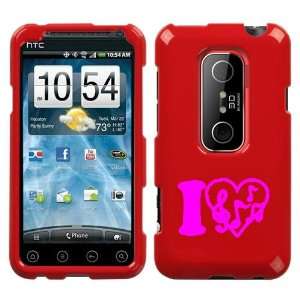   HTC EVO 3D PINK I LOVE MUSIC ON A RED HARD CASE COVER 