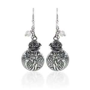   Silver Oxidized Etched Rose Disc and Clear Bead Drop Earrings
