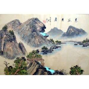  Oriental art chinese silk painting landscape 24 x 16 