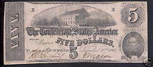 CONFEDERATE STATES OF AMERICA $5 1862 VF PINHOLES  