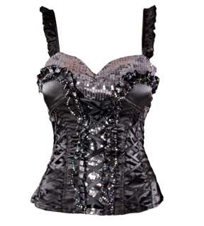 Black Satin Silver Sequin Clubwear Corset Top Gothic Rockabilly Fairy 
