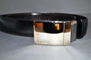 GUCCI Brown Black Leather Silver Logo Belt  