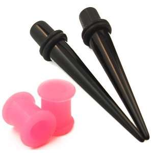  Pair of Black Ear Stretching Tapers with Hot Pink Silicone 