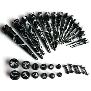36pc Ear Stretching Kit Black Marble Plugs and Tapers 00g 0g 2g 4g 6g 