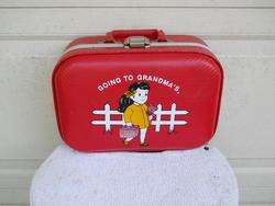 Vintage Red Vinyl Going to Grandmas HardShell Luggage 13x9x6 Clean 