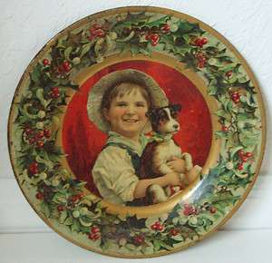 EARLY TIN LITHO C D KENNY COFFEE ADVERTISING CHRISTMAS PLATE BOY AND 
