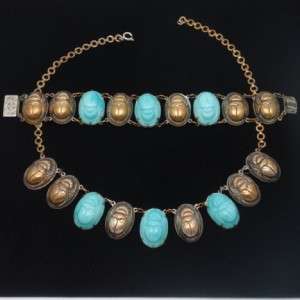 Scarab Set Necklace Bracelet Vintage Brass & Glass Egyptian Revival 
