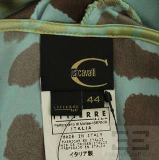   Cavalli Turquoise & Brown Print Silk Ruffle Trim Blouse Size 44  
