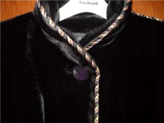 Vtg.Sasson Borgazia Black / Rope Trim Faux Fur Coat S  