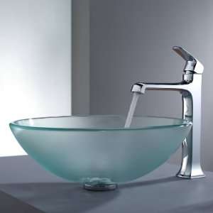   Frosted Glass Vessel Sink and Decorum Faucet, Chrome