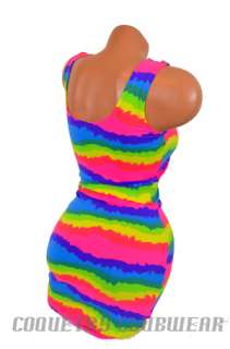 Lightweight ITY Knit Rainbow Neon Tank Style Sexy Clubwear Lycra Mini 