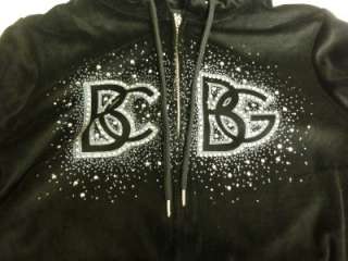 BCBG MaxAzria Logo Sweat Hoodie Pant Track Set Black Velour Silver 