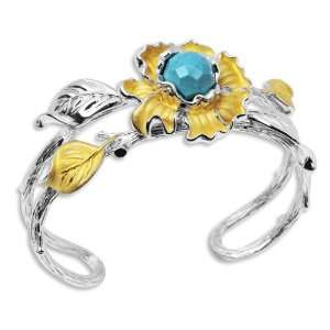   Sterling Silver and Turquoise Desert Flower Bangle Bracelet Jewelry