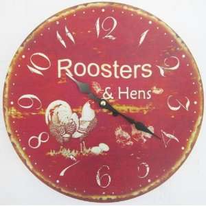  ROOSTERS & HENS RED WOOD EFFECT CLOCK KITCHEN CHICKENS 