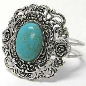 Vintage Style Silvertone Flowers with Turquoise Colored Center Hinged 