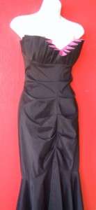BETSY & ADAM pink & black strapless stretch satin formal gown full 