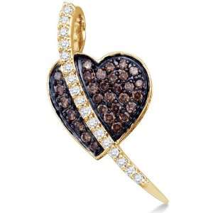 10K Yellow Gold Heart Channel Set Round White and Chocolate Brown 