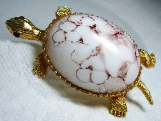   Gold Tone & Stone Jelly Belly Turtle Pin Brooch~Red Rhinestone Eyes
