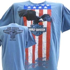 Harley Davidson Las Vegas Dealer Tee T Shirt Flag Eagle BLUE XL 