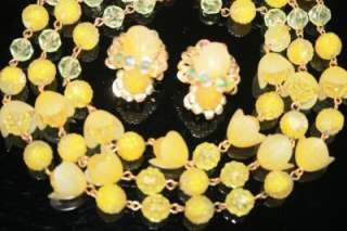 Vintage Sg Hobe Yellow Glass, AB Crystals, Lucite Bells Necklace 