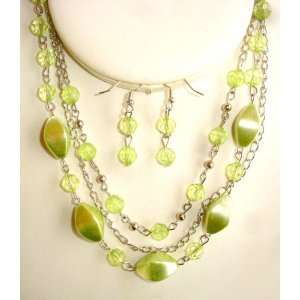    Green Mother Of Pearl Simulated Necklace And Earrings Set Jewelry