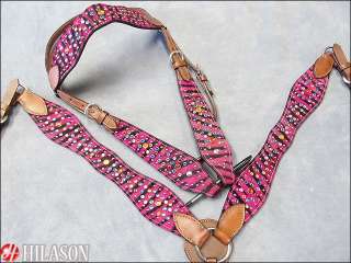   CRYSTAL ZEBRA HAIR ON LEATHER HORSE BRIDLE AND BREAST COLLAR SET