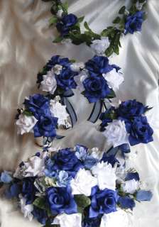 Wedding Bouquet Bridal Silk flowers NAVY BLUE WHITE PERIWINKLE 17pc 