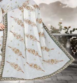 White Party Wear Saree Indian Embroidery Sequin Sari  