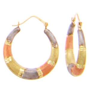 Hoop Earring 14k Gold Tri Color Fancy Round Etched Delicate Diamond 