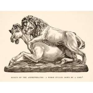 Wood Engraving Sculpture Lion Horse Roman Byzantine Amphitheater Arena 