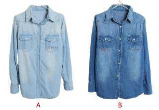   Retro vintage Long Sleeve Blue Jean Denim Shirt Tops Blouse Ibb  