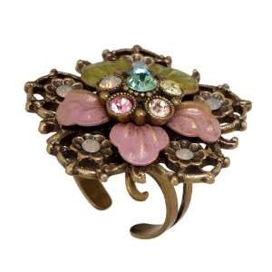 Michal Negrin Lovely Ring with Hand Painted Flowers, Green and Pink 