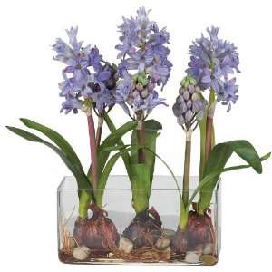 Looking Hyacinth w/Rectangle Vase Silk Flower Arrangement Blue Colors 