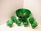 Vintage Anchor Hocking Glass Forest Green Punch Bowl & 