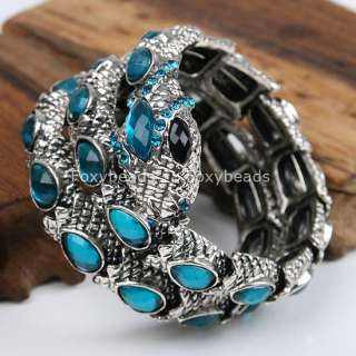 BLUE Resin*Crystal Bead Alloy Snake Cuff Charm Bracelet  