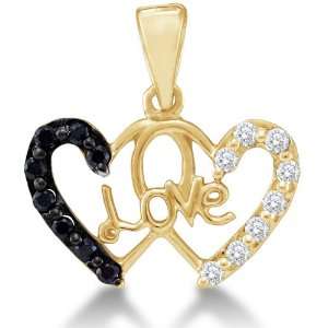 14K Yellow Gold Love Heart Channel Set Round White and Black Diamond 