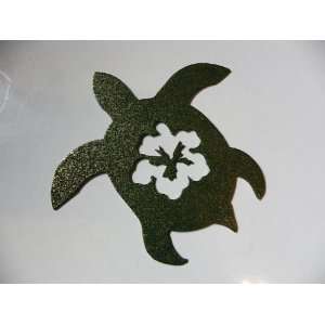  Turtle with Hibiscus Flower Green with Gold Metal Wall Art 
