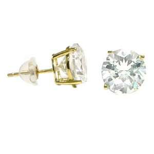 Solitaire Stud Earrings Round Cubic Zirconia CZ 14k Yellow Gold Basket 