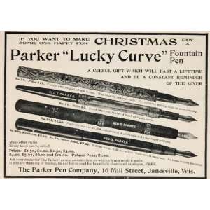 1901 Ad Parker Lucky Curve Fountain Pen Janesville WI   Original Print 