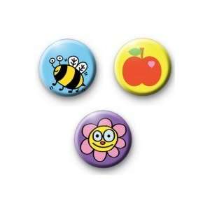 Set of 3 SUMMER SYMBOLS ~ Bumble Bee Apple Flower ~ Pinback Buttons 1 