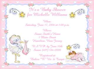 10 Beautiful Stork Personalized Baby Shower Invitations w/Envelopes 