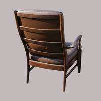 Danish Vintage Brown Leather Wood Lounge Chair  