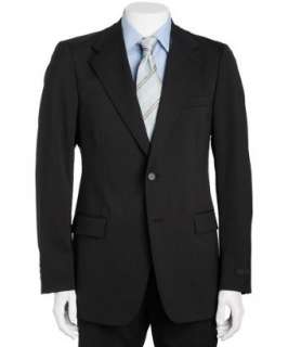 style #301176801 black striped stretch wool 2 button suit with flat 