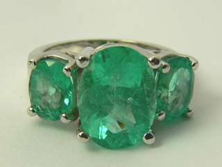   Ravishing Colombian Emerald Three Stone Ring 14k White Gold  