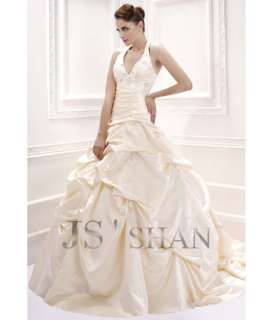 Jsshan Champagne Embroidery Halter Satin Train Bridal Gown Wedding 